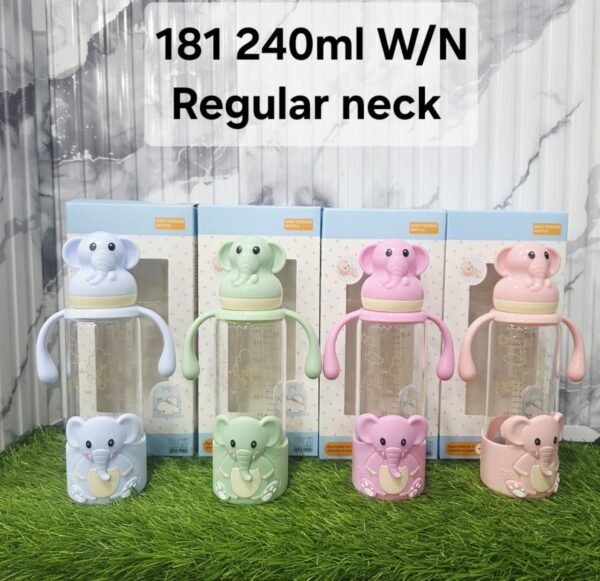 Premium Glass Baby Feeding Bottle | Anti-Colic Regular Nipple & Ergonomic Handles | Adorable 3D Elephant Design | 240ml Large