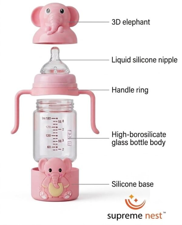 Premium Glass Baby Feeding Bottle | Anti-Colic Regular Nipple & Ergonomic Handles | Adorable 3D Elephant Design | 240ml Large