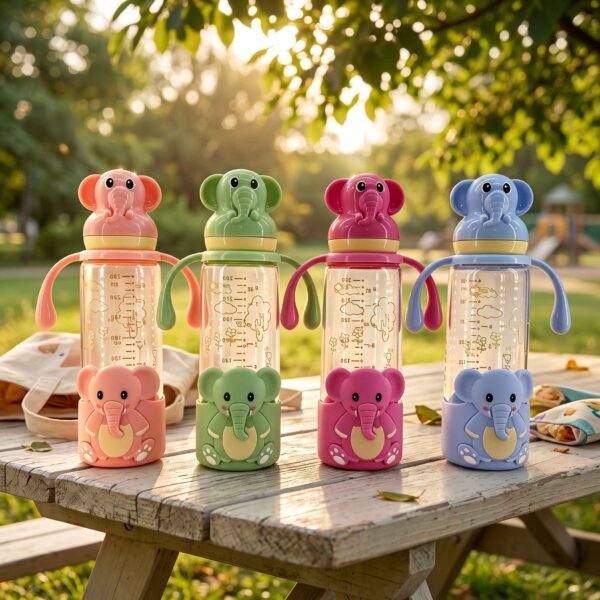 Premium Glass Baby Feeding Bottle | Anti-Colic Regular Nipple & Ergonomic Handles | Adorable 3D Elephant Design | 240ml Large