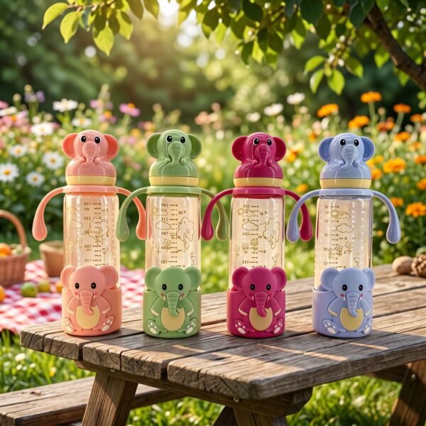 Premium Glass Baby Feeding Bottle | Anti-Colic Regular Nipple & Ergonomic Handles | Adorable 3D Elephant Design | 240ml Large